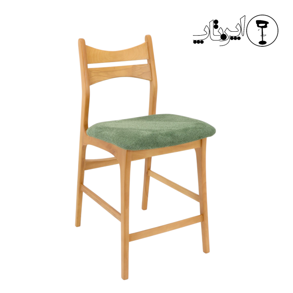 صندلی اپن چوبی دوتیرک با پشتی دو تیرک چوب راش روشن و نشیمن سبز بافت‌دار از برند اپن تاپ.